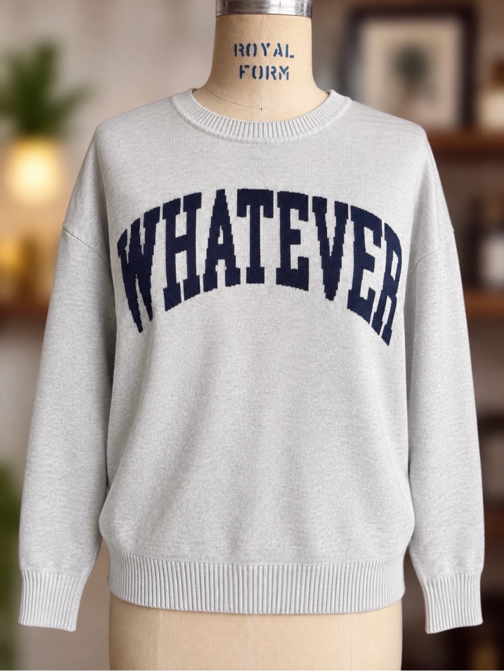 Pink Rose Whatever Sweater Gray Navy Varsity Preppy Crewneck M